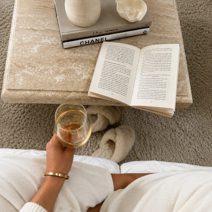 Buch lesen, Glas Wein